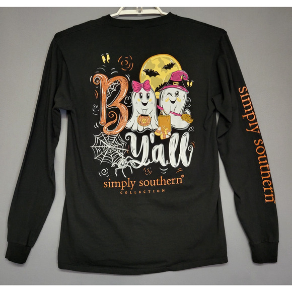 Simply Southern Top Womens M Black Boo Y'All Graphic Long Sleeves Ghost T-Shirt - Picture 1 of 10